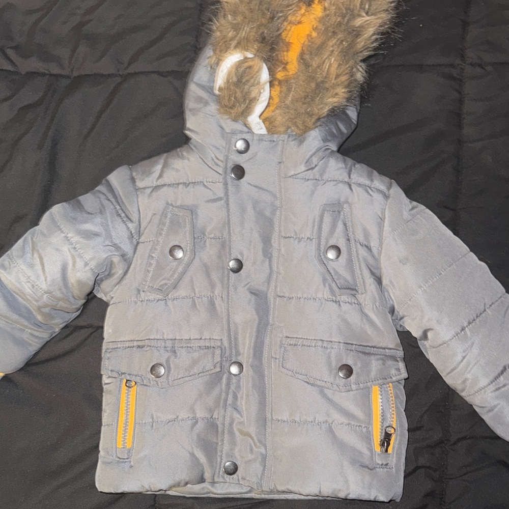 Gray Hooded Jacket with Faux Fur Trim